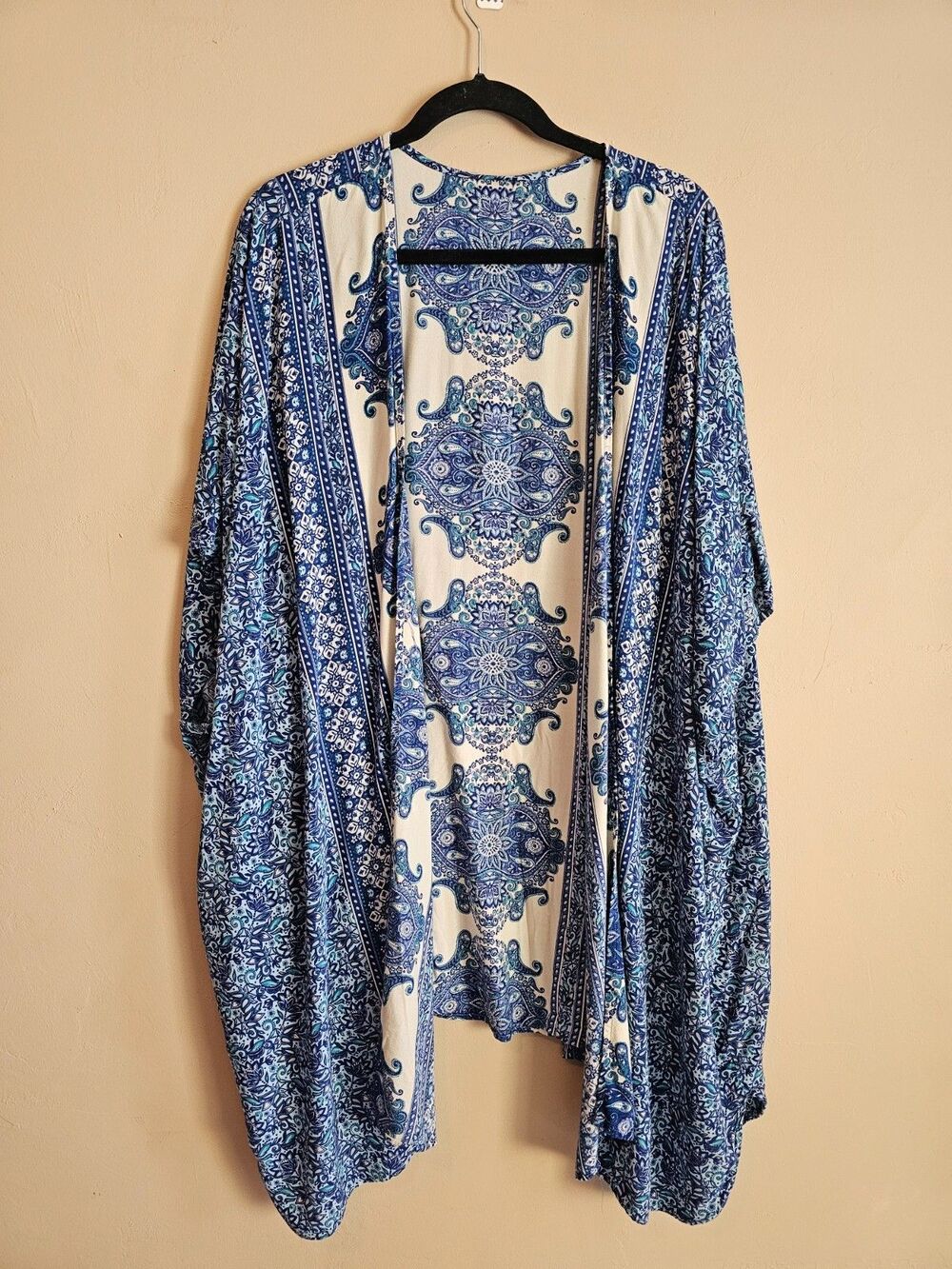 Women's One Size Angie Printed Kimono S-XL Blue Cream 100% Rayon